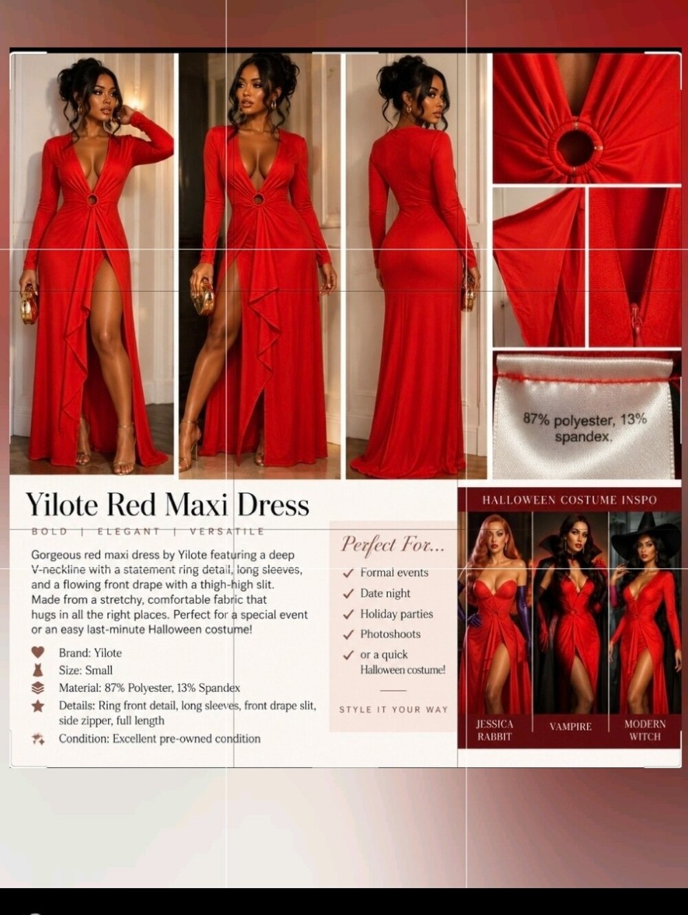 Yilote NWT Red Plunging V-Neck Maxi Dress Elegant Night Or Halloween Size Small